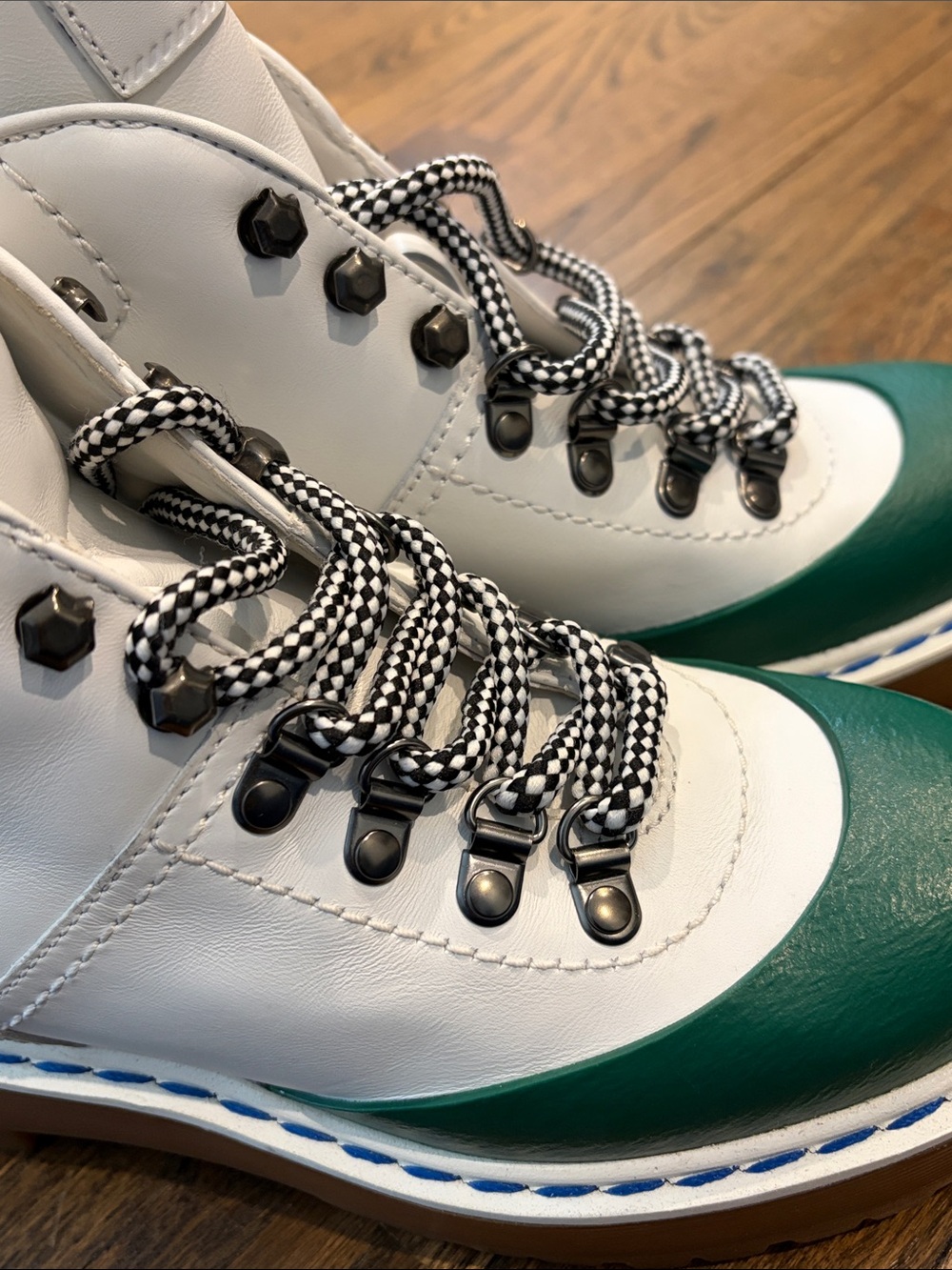 Prada White Leather Lace-Up Boots with Green Toe - Picture 9 of 16